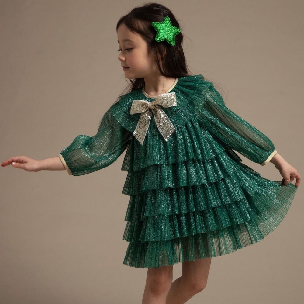 Petite Hailey Green Tiered Christmas Tree Dress Gold Bow Holiday Party 3T